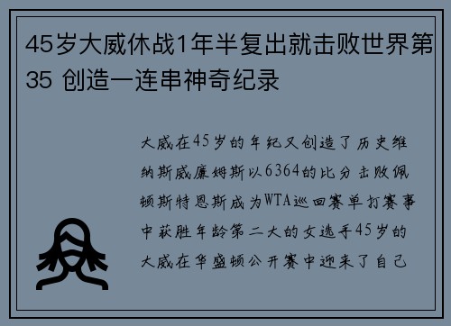 45岁大威休战1年半复出就击败世界第35 创造一连串神奇纪录
